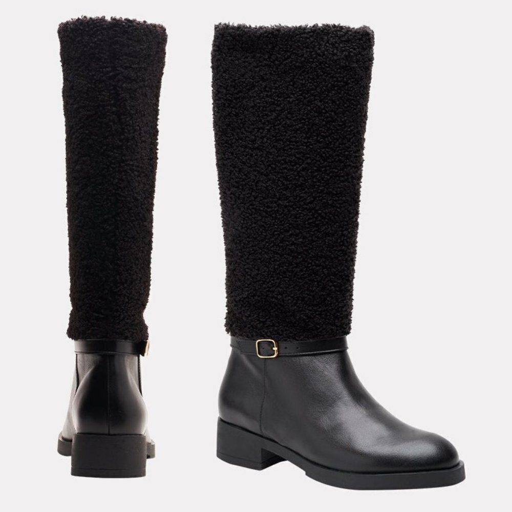 Andre Assous Black Tall Shearling-Trim Leather Boots